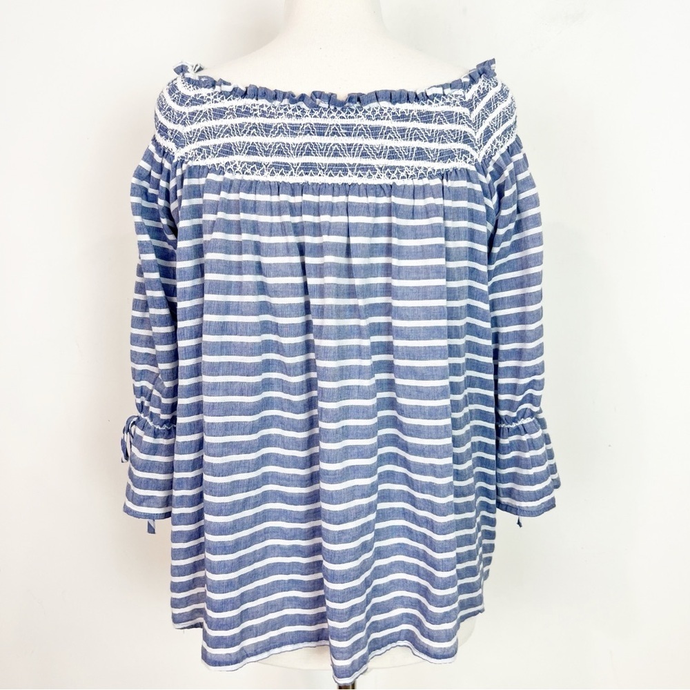 JORDANN BLUE WHITE STRIPE OFF SHOULDER SMOCKED BLOUSE WOMENS SZ MEDIUM